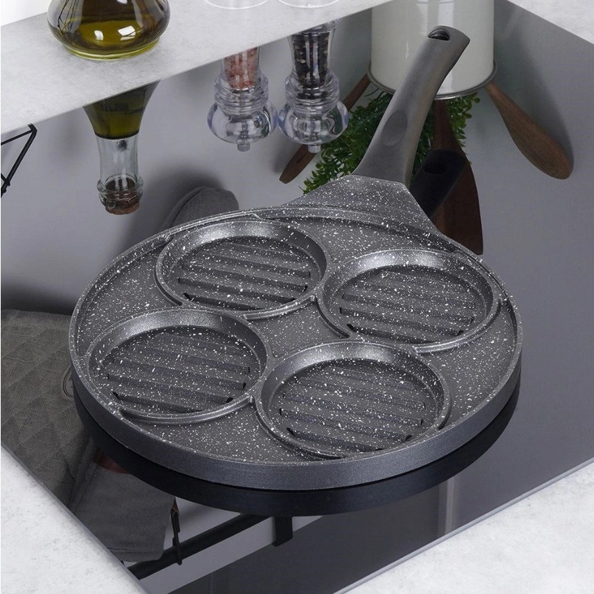 Patelnia do burgerów i jajek granitowa grillowa 4 otwory 26,5 cm Orion - Grande
