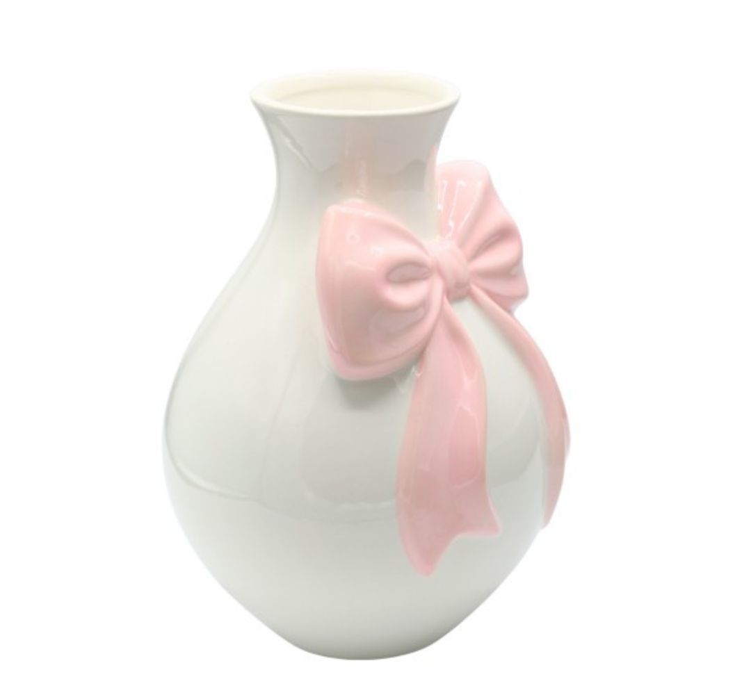 Wazon ceramiczny biały z różową kokardą 24 cm - Ewax - obrazek 2