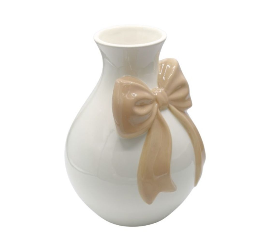 Wazon ceramiczny biały z beżową kokardą 24 cm - Ewax - obrazek 2
