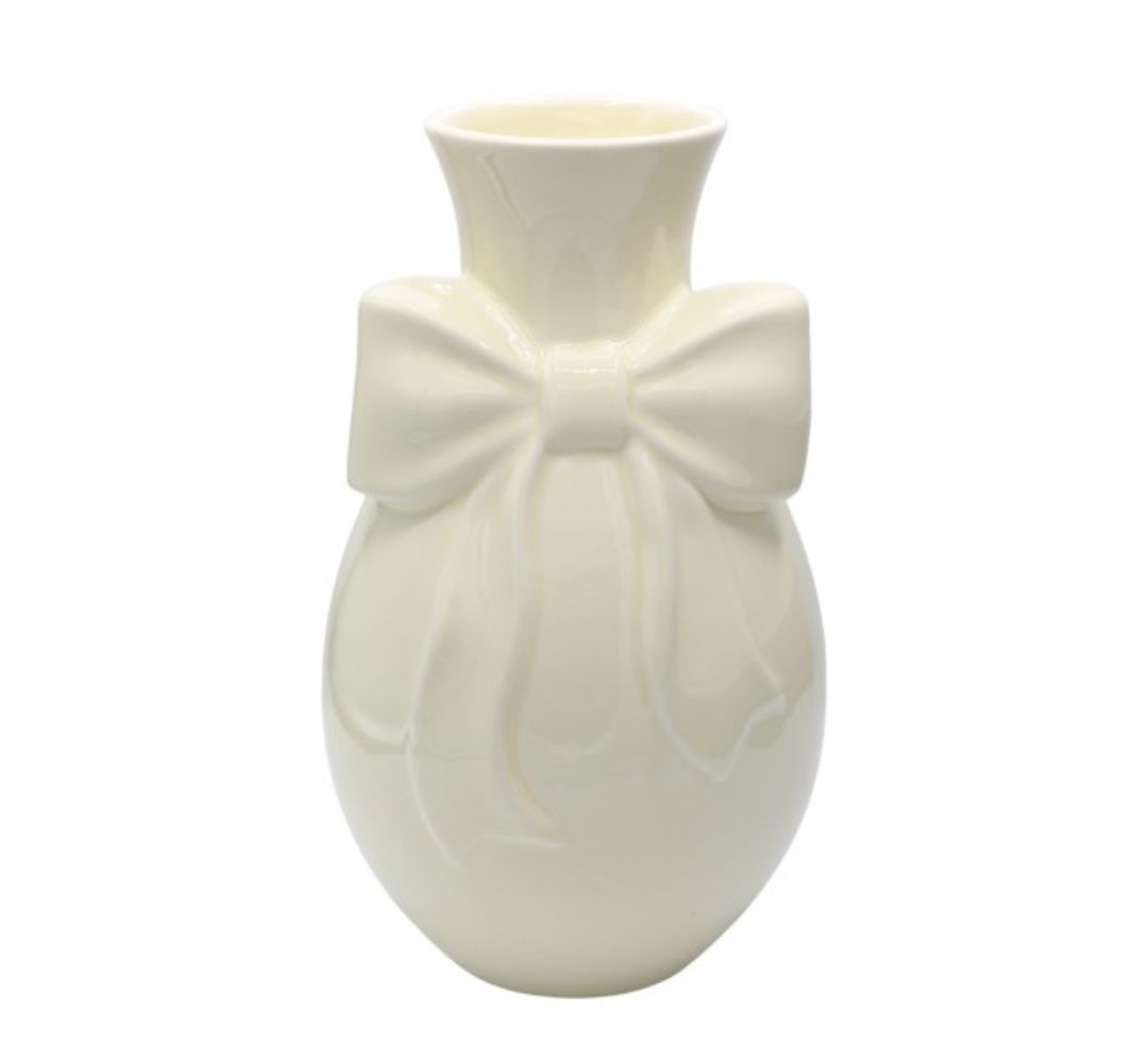 Wazon ceramiczny kremowy z beżową kokardą 29 cm - Ewax